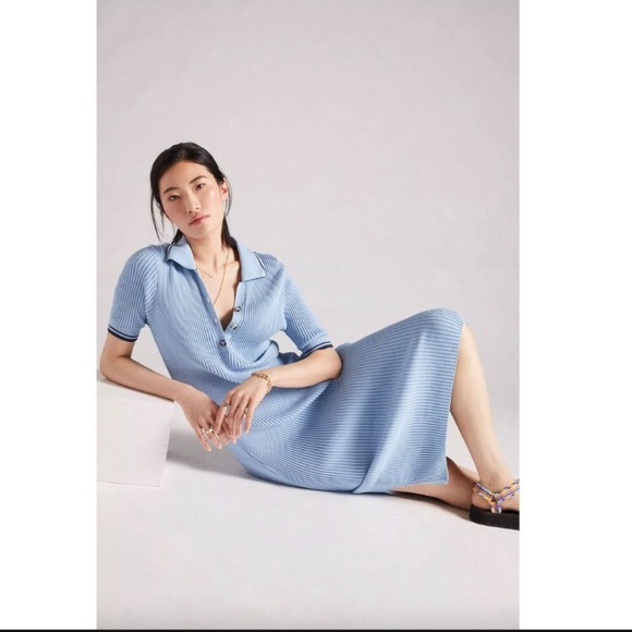 NEW Anthropologie Saturday Sunday✨ Blue Ribbed Polo Midi Dress - Picture 1 of 10